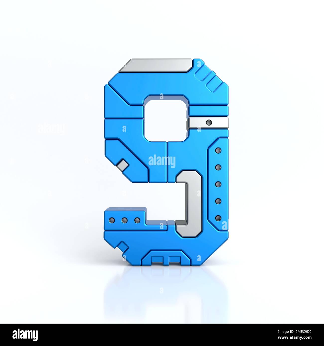 Nummer neun 3D Sci-Fi-Logo. Cyber-Technologie abstrakte Texturschrift Alphabet. Hi-Tech Metallic Nummer 9 Schriftzeichen-Design-Illustration, blau Stockfoto