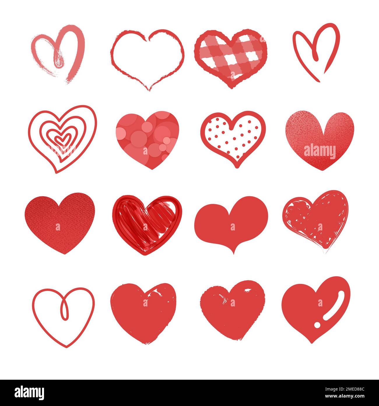 Red Heart Collection zum Valentinstag. Grunge Illustration Design-Elemente für Kartendekoration Clip Art isoliert auf weißem Hintergrund. Stockfoto