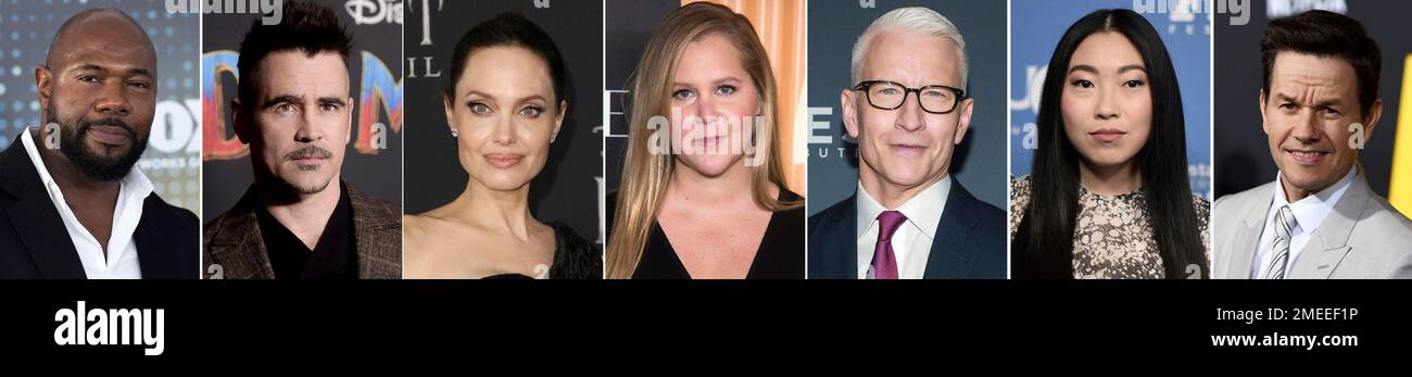 This combination photo of celebrities with birthdays from May 30 - June 5 shows Antoine Fuqua, from left, Colin Farrell, Angelina Jolie, Amy Schumer, Anderson Cooper, Awkwafina and Mark Wahlberg. (AP Photo) Stockfoto