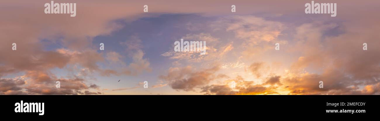 Dunkelblaues Himmelspanorama bei Sonnenuntergang mit rosa Cumulus-Wolken. Nahtloses hdr 360-Panorama im sphärischen äquivalrechteckigen Format. Voller Zenit für 3D Stockfoto