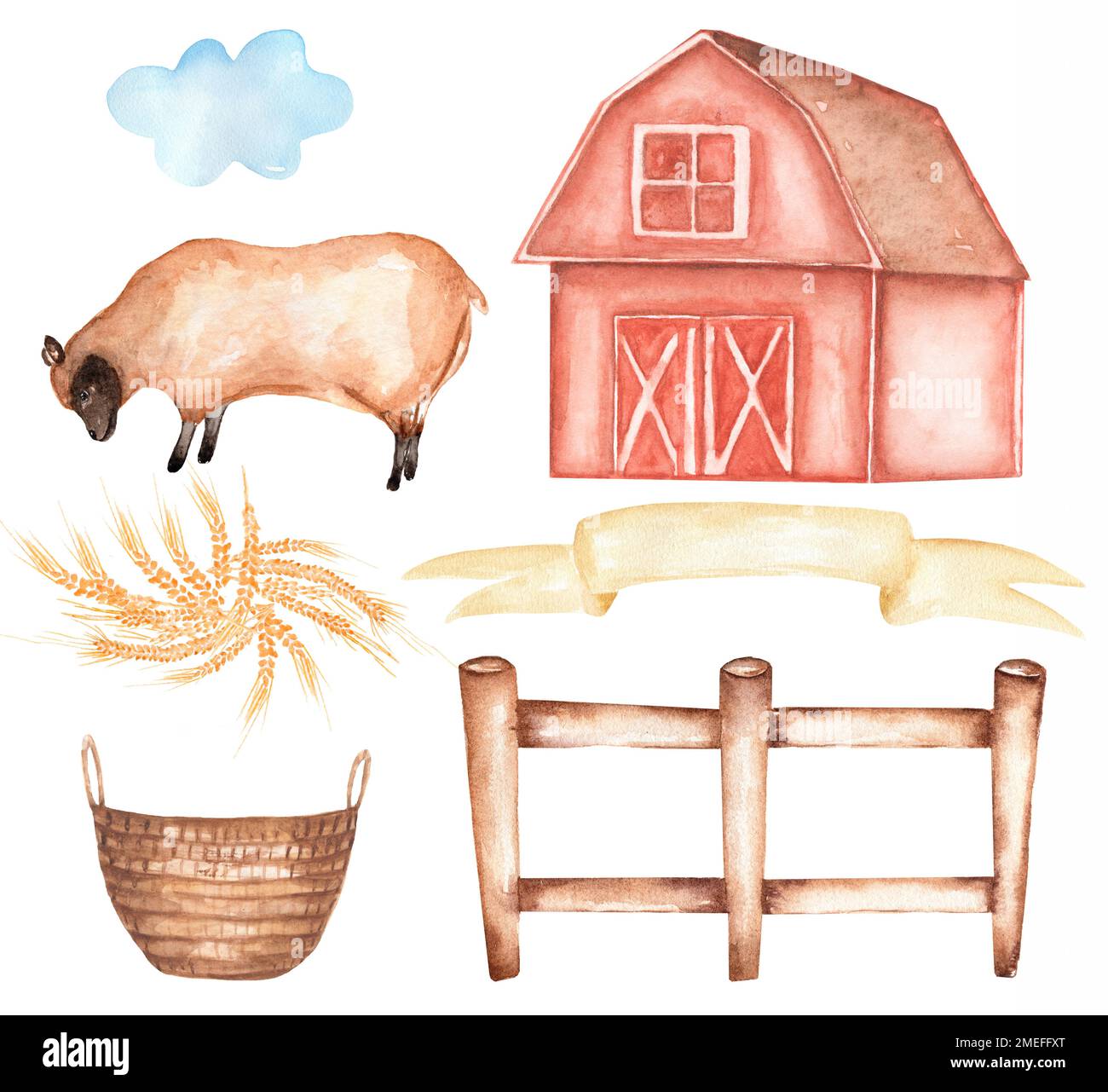 Bauernhoftiere Clipart, Wasserfarbe, handgezeichnete Schafsklemme, süße Illustration, Scheunenklemme, Dorfset Stockfoto