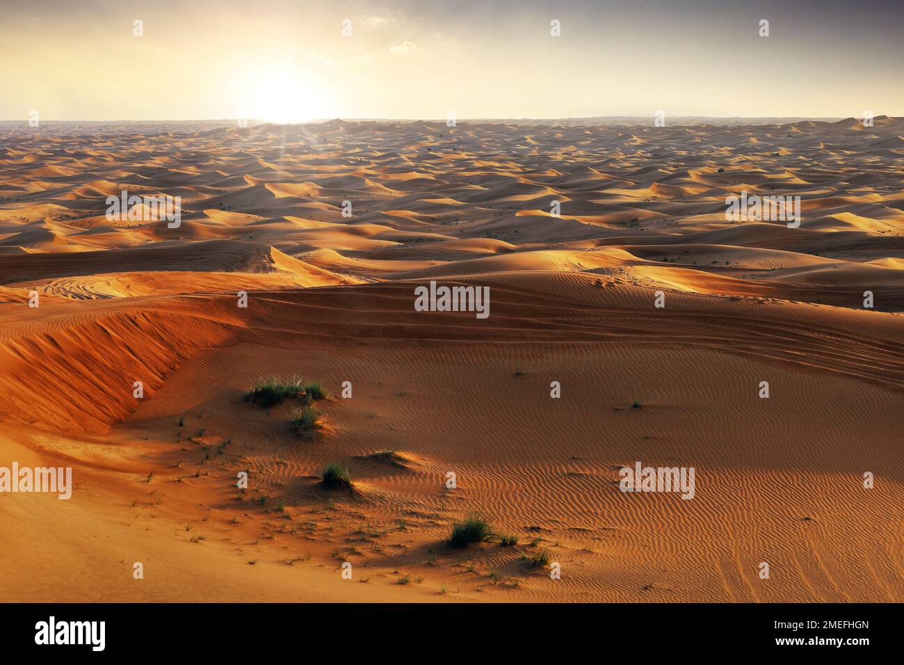 Goldene Sanddünen Wüstenlandschaft. Wunderschöner Sonnenuntergang über den Dünen in der Al Madam Desert, Vereinigte Arabische Emirate. Safari Stockfoto