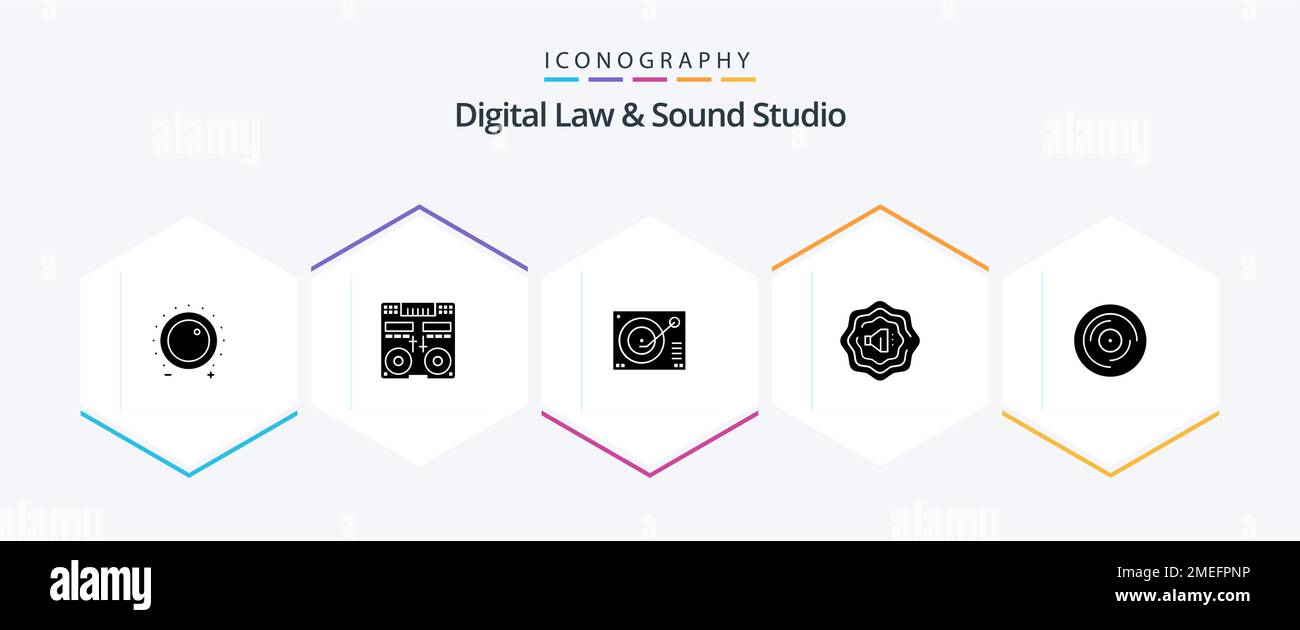 Digital Law and Sound Studio 25 Glyph Icon Pack mit dj. Akustisch. Mischer. Aufzeichnen. Phonographen Stock Vektor