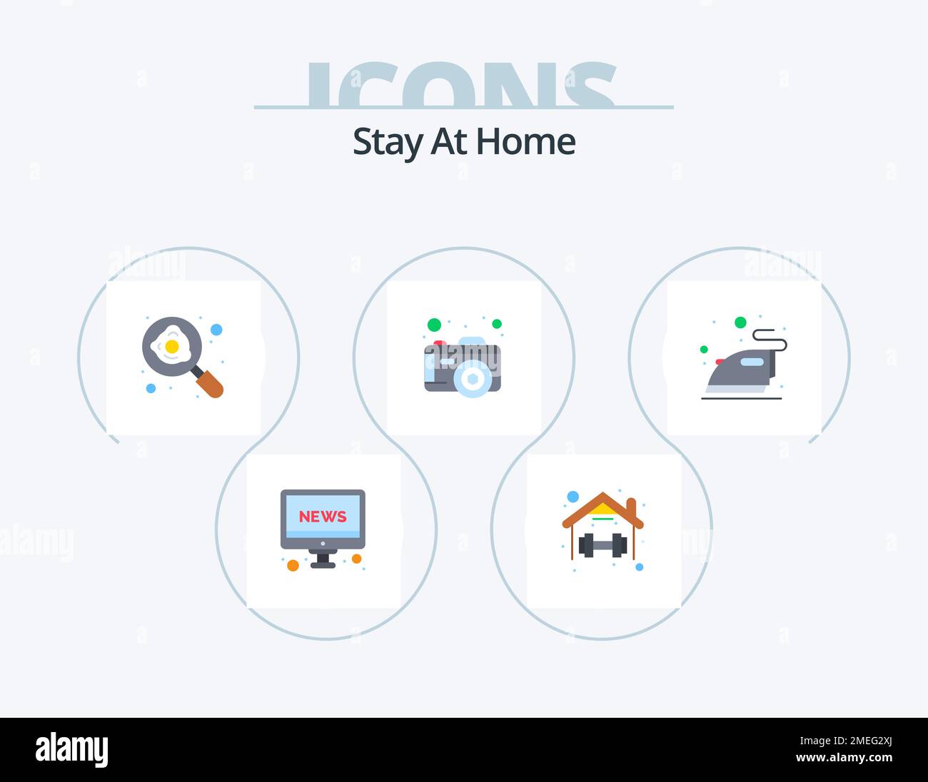 Stay At Home Flat Icon Pack 5 Icon Design. Heimfotografie. Foto. Bleib hier. Kamera. Braten Stock Vektor