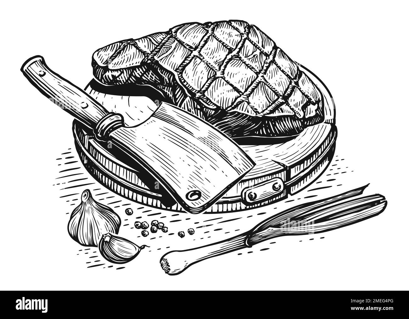 Gegrilltes Steak auf Holzbrett mit Axt. Zubereitung von Fleischgerichten. Handgezeichnete Abbildung skizzieren Stockfoto