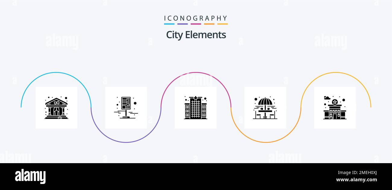 City Elements Glyph 5 Icon Pack mit Bauwerk. Garten. Straßen. Ich trinke. Pflege Stock Vektor