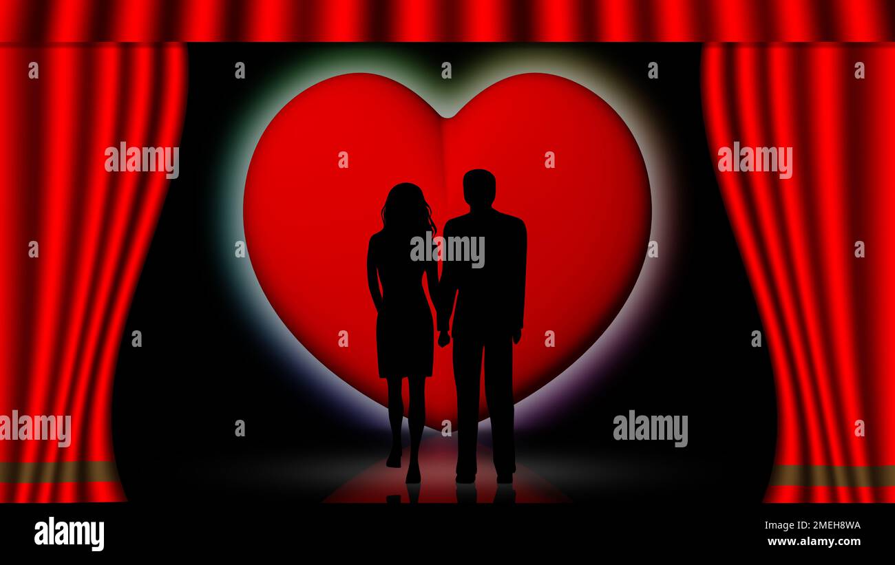 3D Abbildung. Ein offener Vorhang im Kino oder Theater enthüllt die Symbole der Liebe. Geeignet für Valentinstag, Valentinstag. Stockfoto