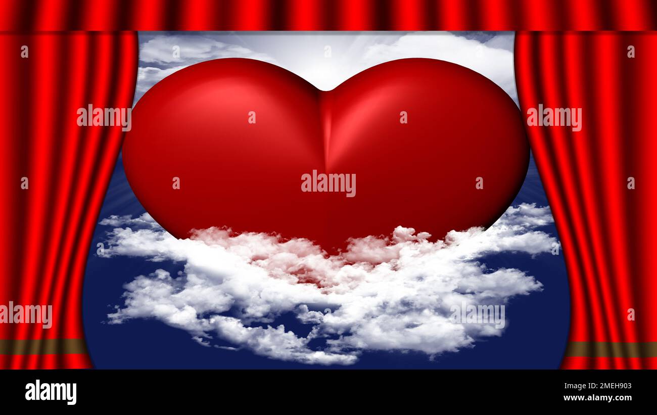 3D Abbildung. Ein offener Vorhang im Kino oder Theater enthüllt die Symbole der Liebe. Geeignet für Valentinstag, Valentinstag. Stockfoto