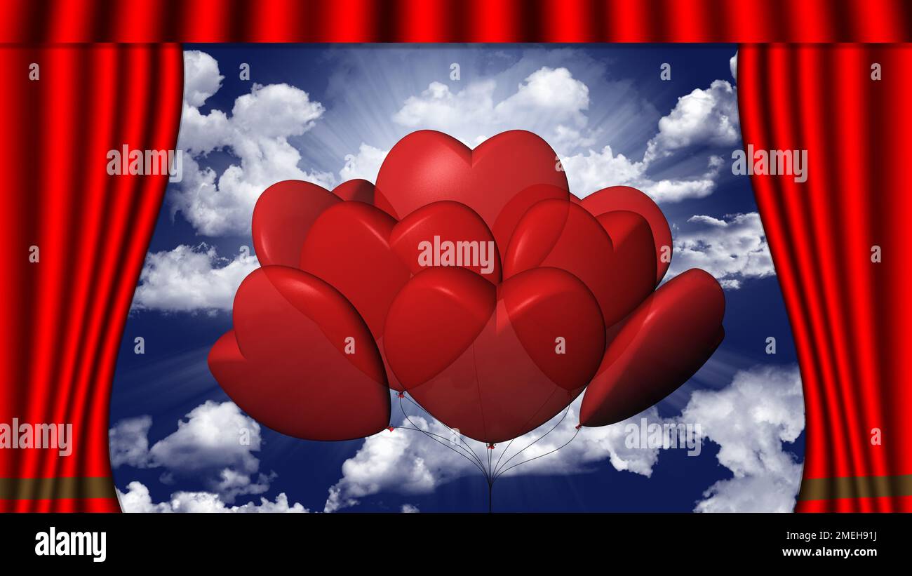 3D Abbildung. Ein offener Vorhang im Kino oder Theater enthüllt die Symbole der Liebe. Geeignet für Valentinstag, Valentinstag. Stockfoto
