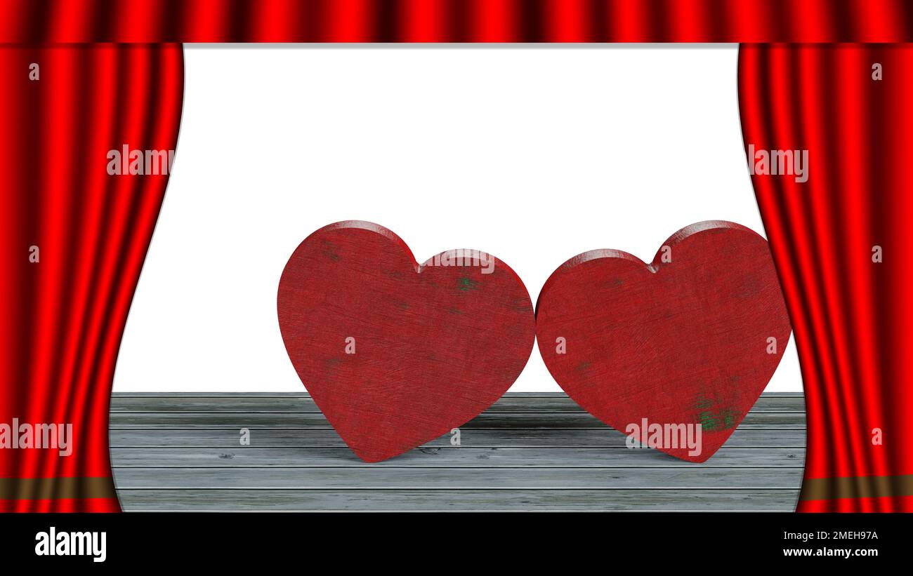 3D Abbildung. Ein offener Vorhang im Kino oder Theater enthüllt die Symbole der Liebe. Geeignet für Valentinstag, Valentinstag. Stockfoto