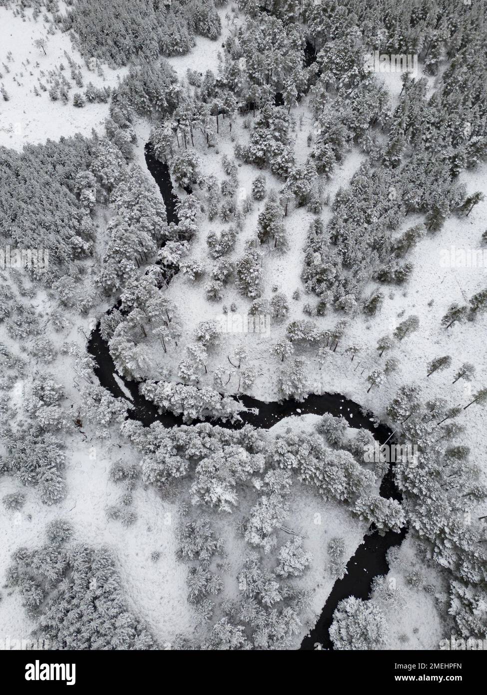 Luftaufnahme des Flusses Luineag im schneebedeckten Rothiemurchus Forest, Cairngorms National Park, Scottish Highlands, Schottland, Großbritannien Stockfoto