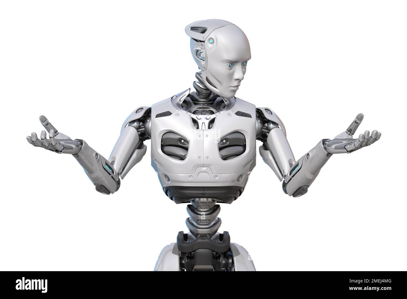 Ein Roboter, der auf seine Hand schaut. 3D Abbildung Stockfoto