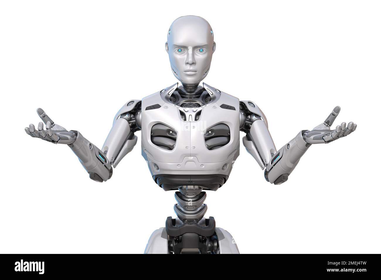Menschlich wie ein Roboter, der seine Arme spreizt. Isoliert. 3D Abbildung Stockfoto