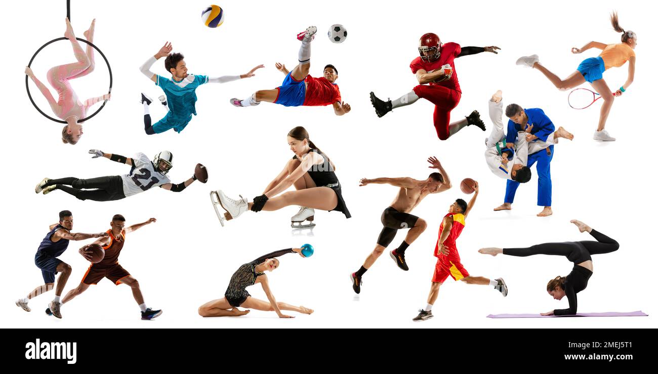 Collage, verschiedene Profisportler. Tennis-, Basketball-, Fußball-, Voleyballspieler in Aktion auf weißem Hintergrund. Sportbegriff Stockfoto