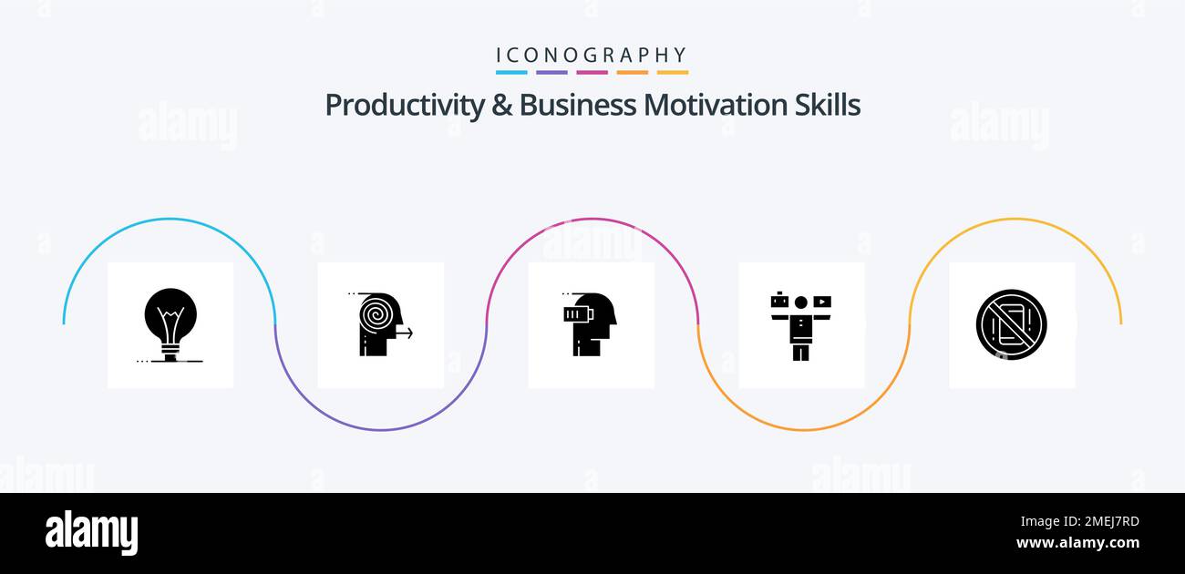 Glyph 5 Icon Pack für Produktivität und Motivation, einschließlich Arbeit. Das Leben. Fokussieren. Balance. Geistig Stock Vektor