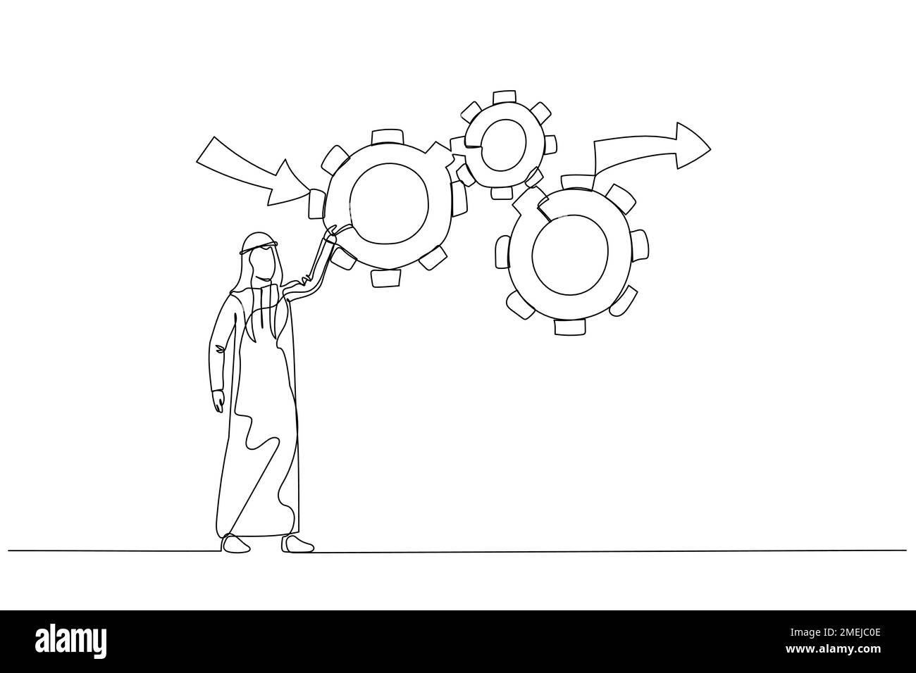 arabische Menschen sorgen dafür, dass Zahnräder effektiv und effizient arbeiten, um ein optimales Konzept des Workflow-Managements zu erzielen. Einzeiliger Kunststil Stock Vektor