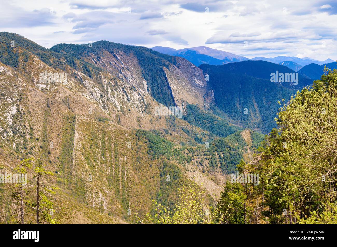 Blick auf die Berge des Cadi-Massivs vom Grasolent-Aussichtspunkt mit Blick nach Osten. Bergeda, Katalonien, Spanien Stockfoto