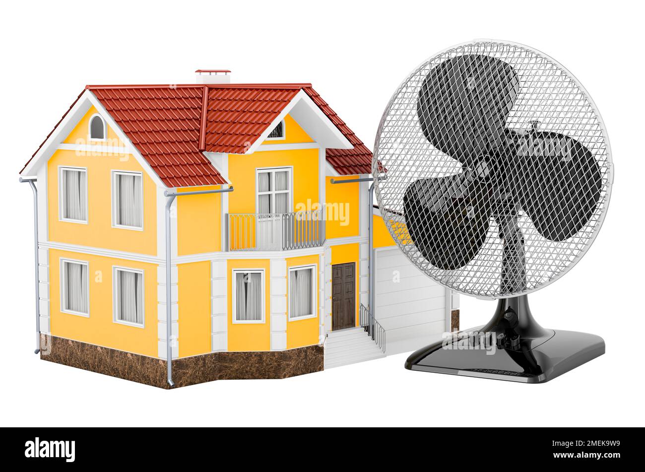 Haus mit Tischventilator, 3D-Rendering isoliert auf weißem Hintergrund Stockfoto