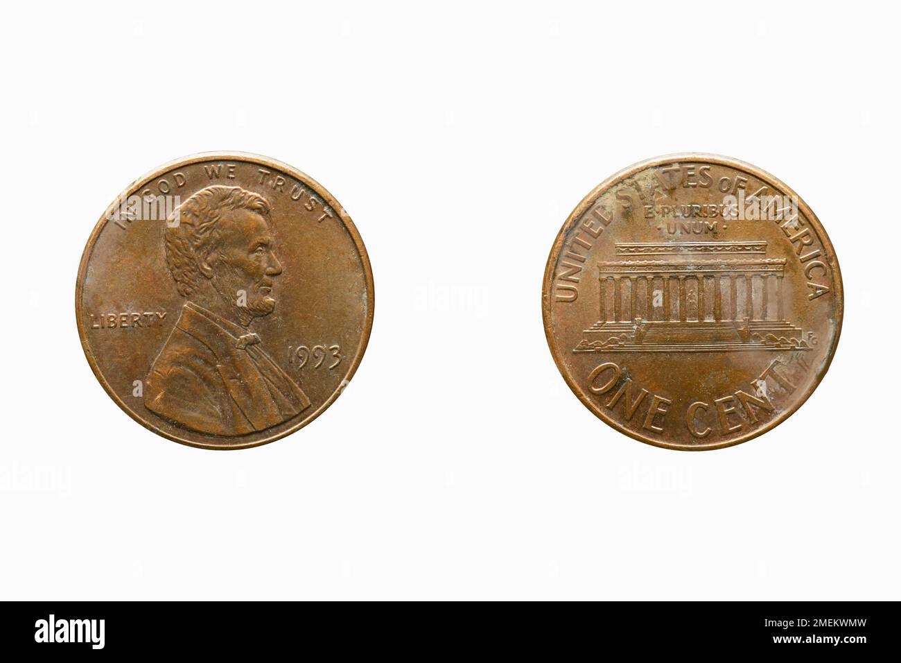 1 Cent USA, Münzwährung, Studioaufnahme vor weißem Hintergrund Stockfoto