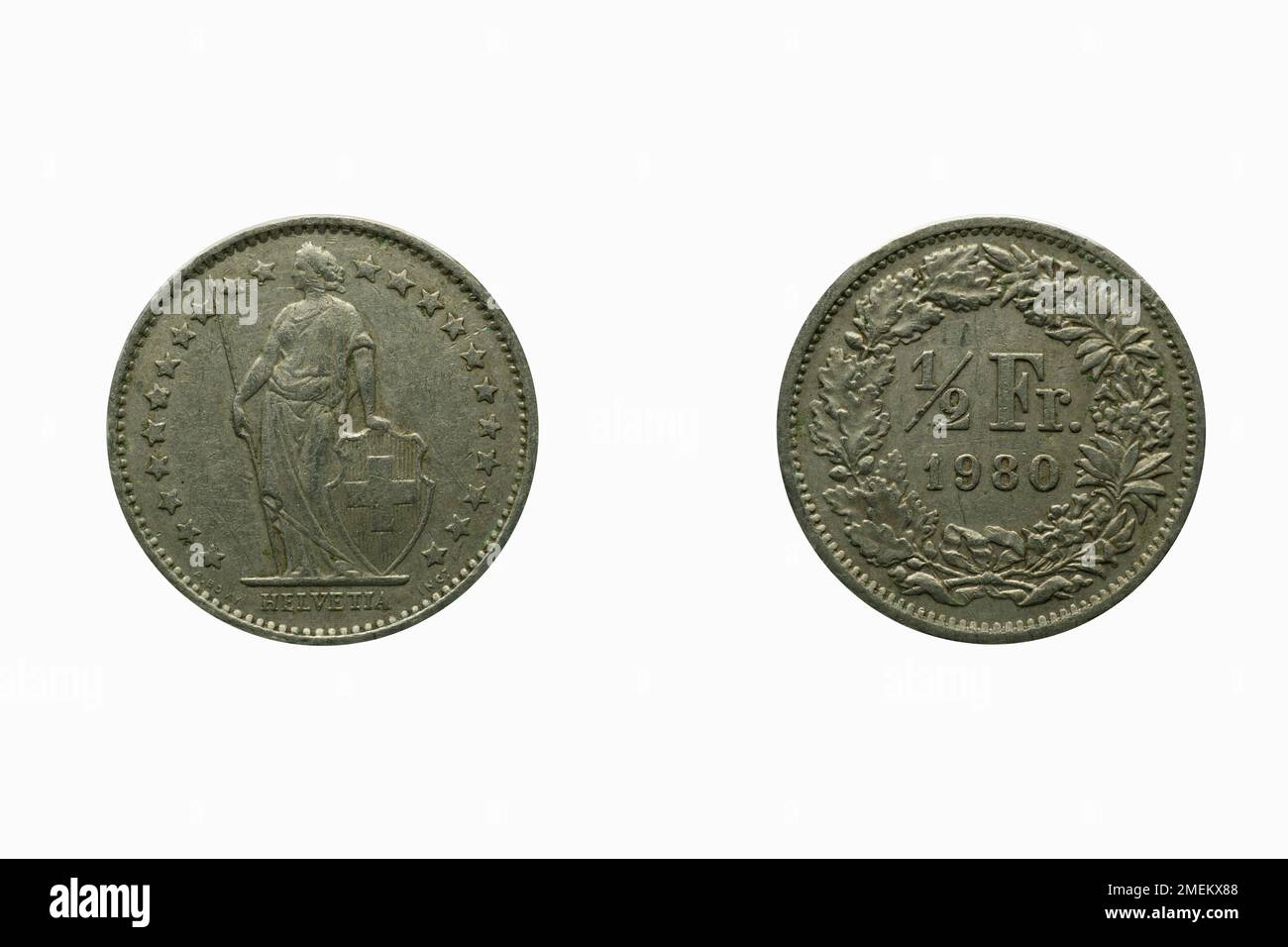 1/2 freya 1980, Münzwährung, Studioaufnahme vor weißem Hintergrund Stockfoto