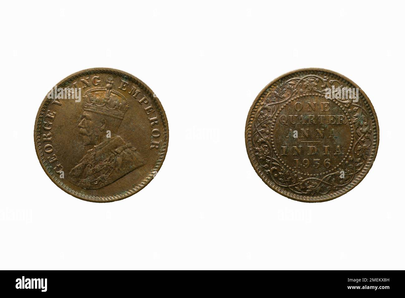 Ein Viertel Aana, 1956 Indien, indische Münzwährung, Studioaufnahme vor weißem Hintergrund Stockfoto