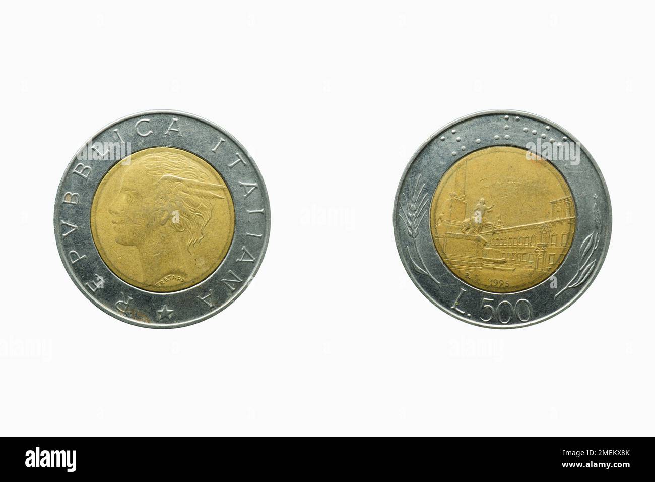 Italien 500 Lire, Italien Münzwährung, Studioaufnahme vor weißem Hintergrund Stockfoto