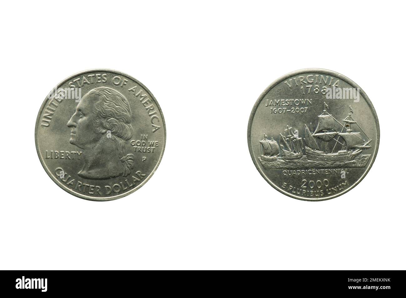 Vierteldollar, US-Münzwährung, Studioaufnahme vor weißem Hintergrund Stockfoto