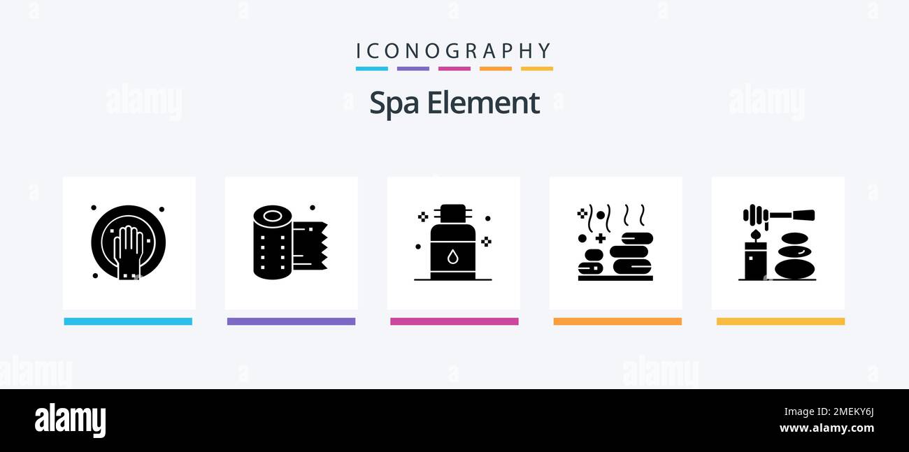 Spa-Element Glyph 5 Icon-Paket inklusive Massagen. Stein. Haare. Spa. Spa. Kreatives Symboldesign Stock Vektor