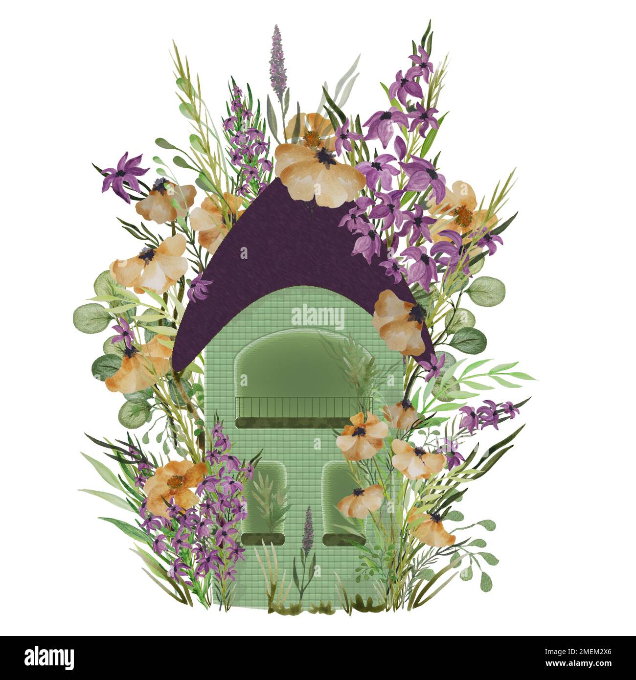 Ein Haus, umgeben von Wildblumen in Aquarellfarben Stockfoto