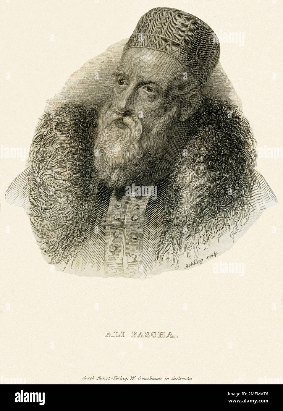 Europa, Albanien, Tepelena, Ali Pascha , auch Ali Pashé Tepelena oder Ali Pascha von Janina ) , geboren um 1741 in der Region um Tepelena ( Südalbanien ), gestorben 1822 auf der Ioannina Insel, in einer Zelle des Pandeleimon Klosters ( ermordet ) in Griechenland. Stahlstich von Sichling , herausgegeben bei W. Creuzbauer in Carlsruhe , um 1840 / Europa, Albanien, Tepelena, Ali Pasha von Tepelena ( der Löwe von Yannina ) , 1740 - 1822 , ein muslimischer albanischer Herrscher , Stahlgravierung um 1840 , von Sichling, veröffentlicht von Creuzbauer / Carlsruhe. Stockfoto