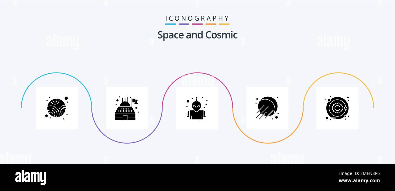 Space Glyph 5 Icon Pack Mit . Sonne. Leerzeichen. Stern. astronomie Stock Vektor