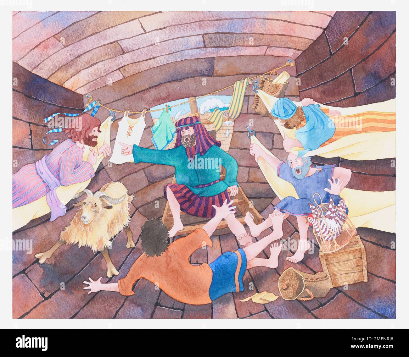 Illustration aus der biblischen Geschichte von Jonah und dem Wal, in der die Matrosen und Jonah während eines Sturms in ihrem Schiff herumgeschleudert wurden Stockfoto