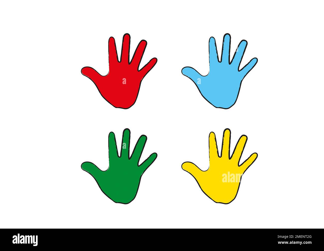 Vier Hände in Rot, Blau, Grün und Gelb Stockfoto