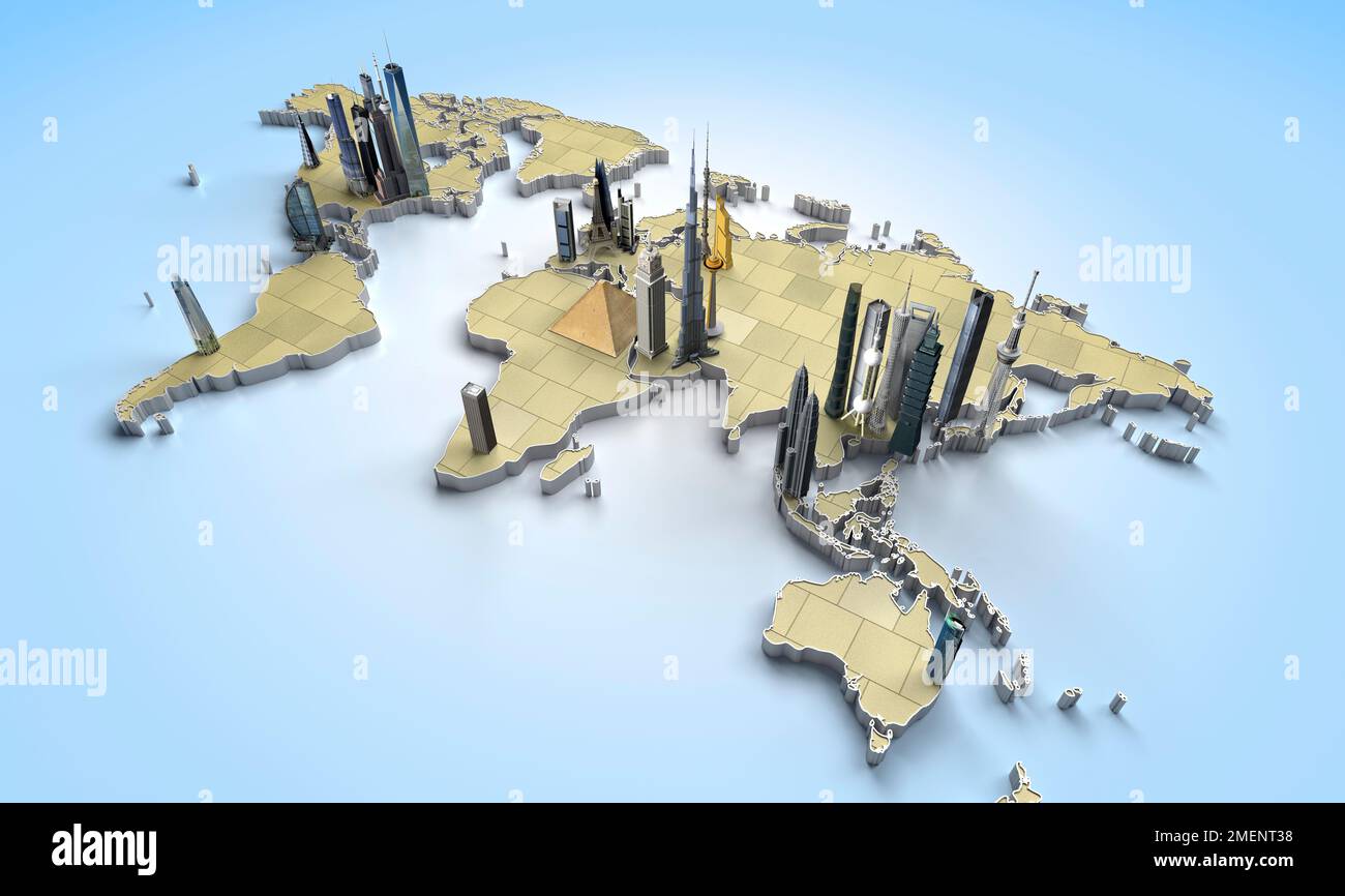 Karte mit hohen Gebäuden auf der ganzen Welt Stockfoto
