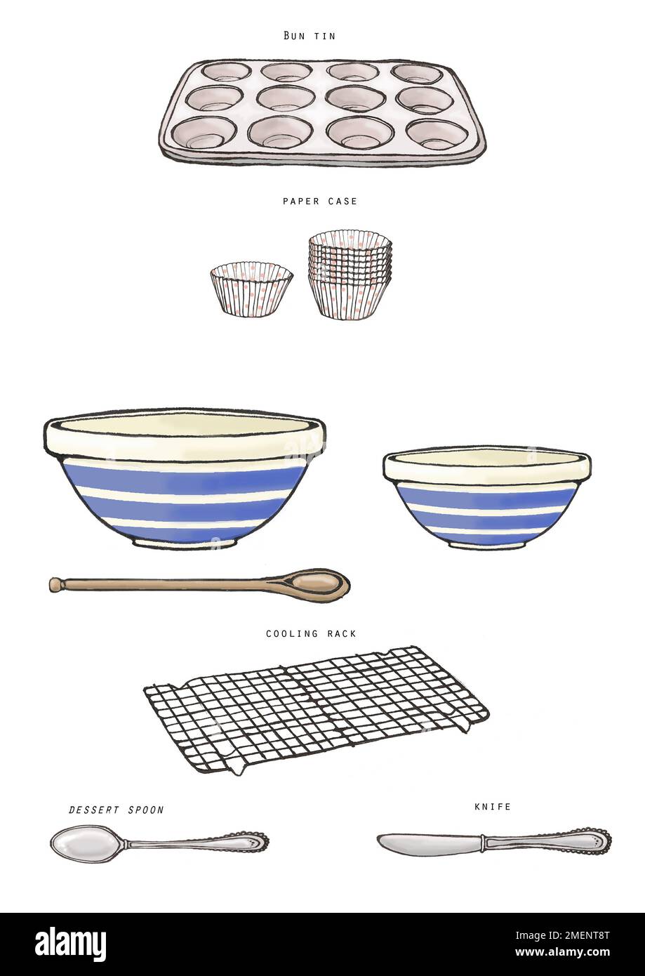 Illustration, Ausrüstung zum Backen von Cupcakes Stockfoto