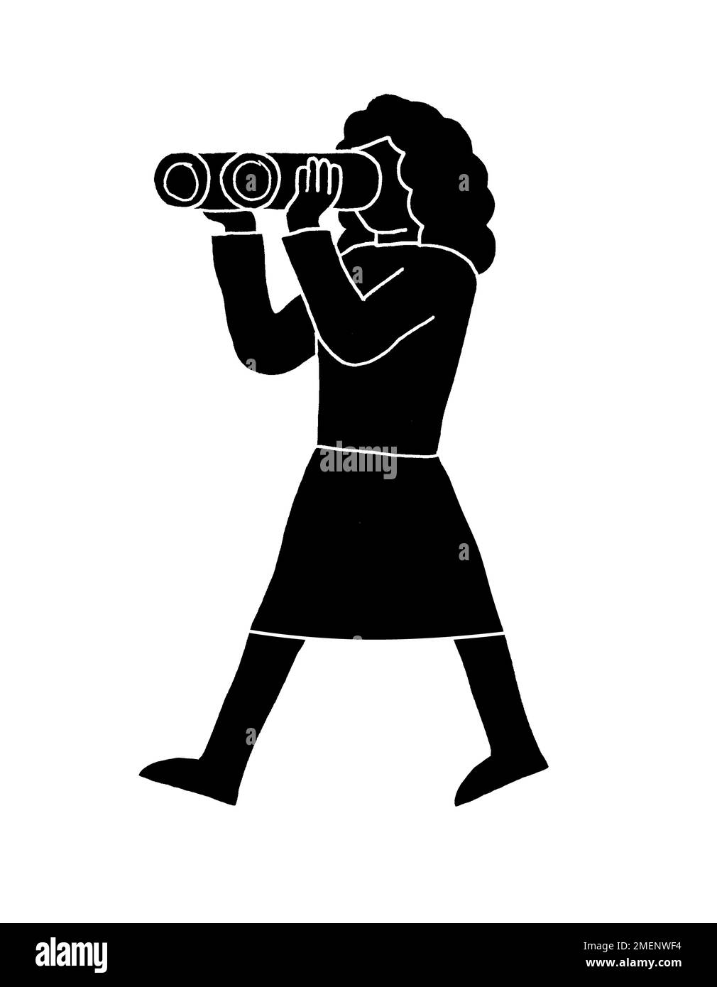 Schwarz-Weiß-Darstellung einer Frau, die durch ein Fernglas schaut Stockfoto