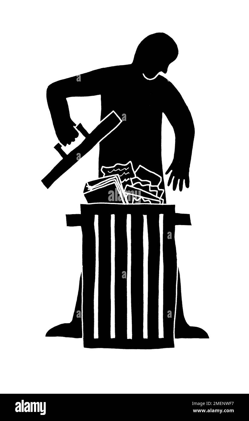 Schwarz-Weiß-Illustration eines Mannes, der durch einen Müllcontainer mit Papier und Büchern schaut Stockfoto