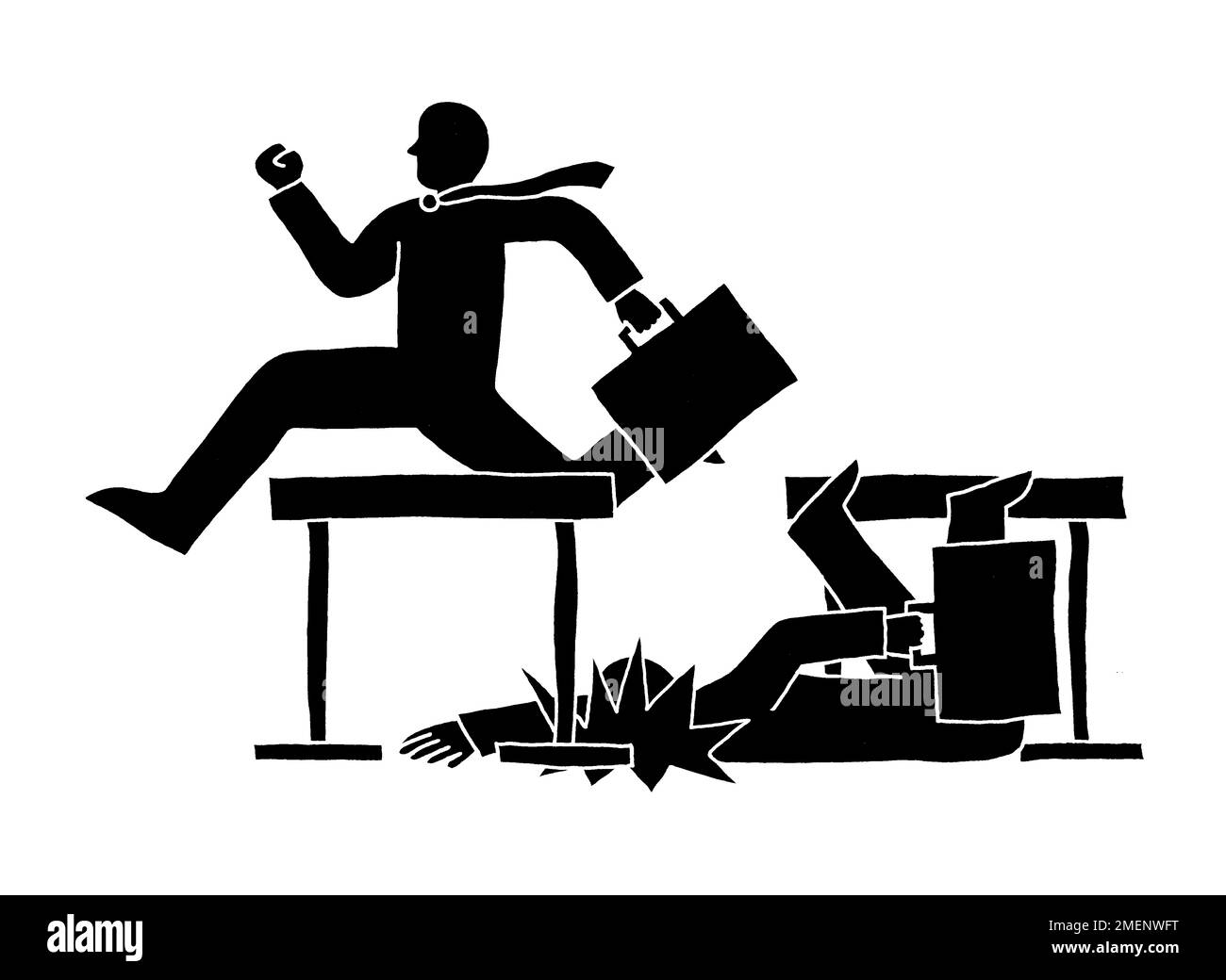 Schwarz-Weiß-Darstellung eines Geschäftsmanns, der die Hürde überspringt und eines Geschäftsmanns, der die Hürde überwindet Stockfoto
