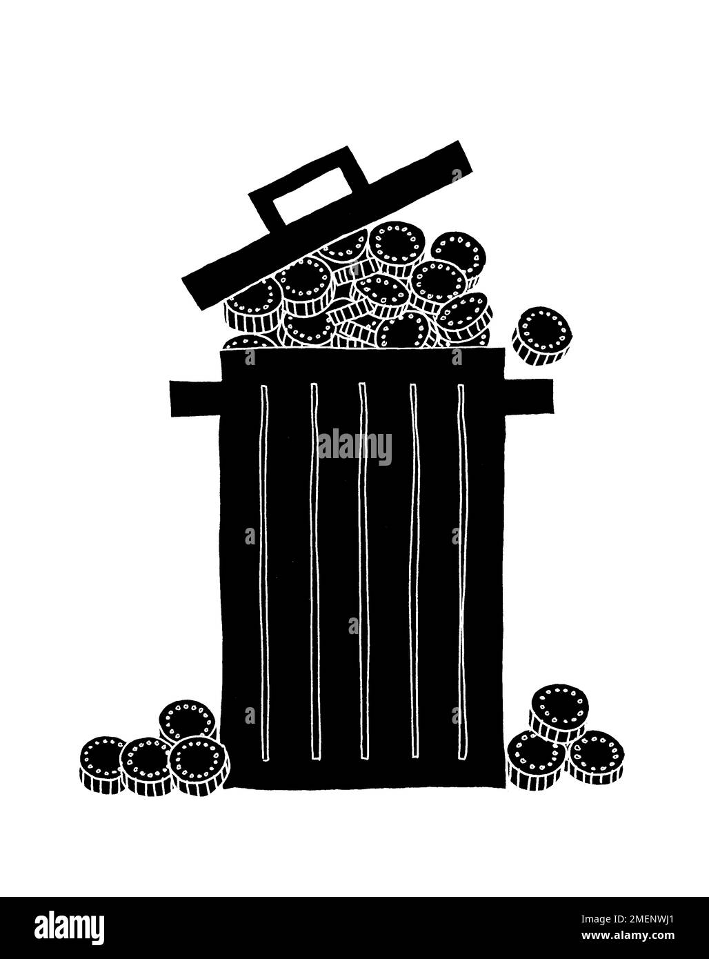 Schwarz-Weiß-Darstellung eines Müllbehälters voller Münzen Stockfoto