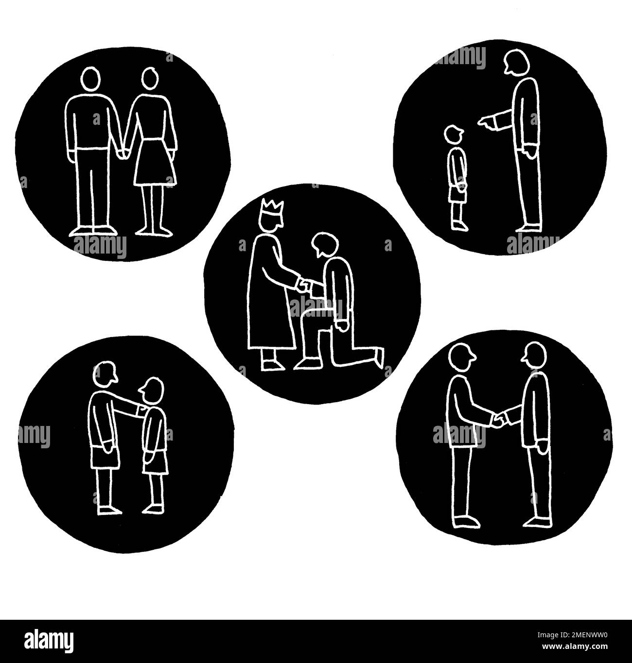 Schwarz-Weiß-Darstellung von Beziehungen und Kommunikation, die die Überzeugung von Konfuzius illustriert, dass Menschen gut sein werden, wenn man gute Absichten hat Stockfoto