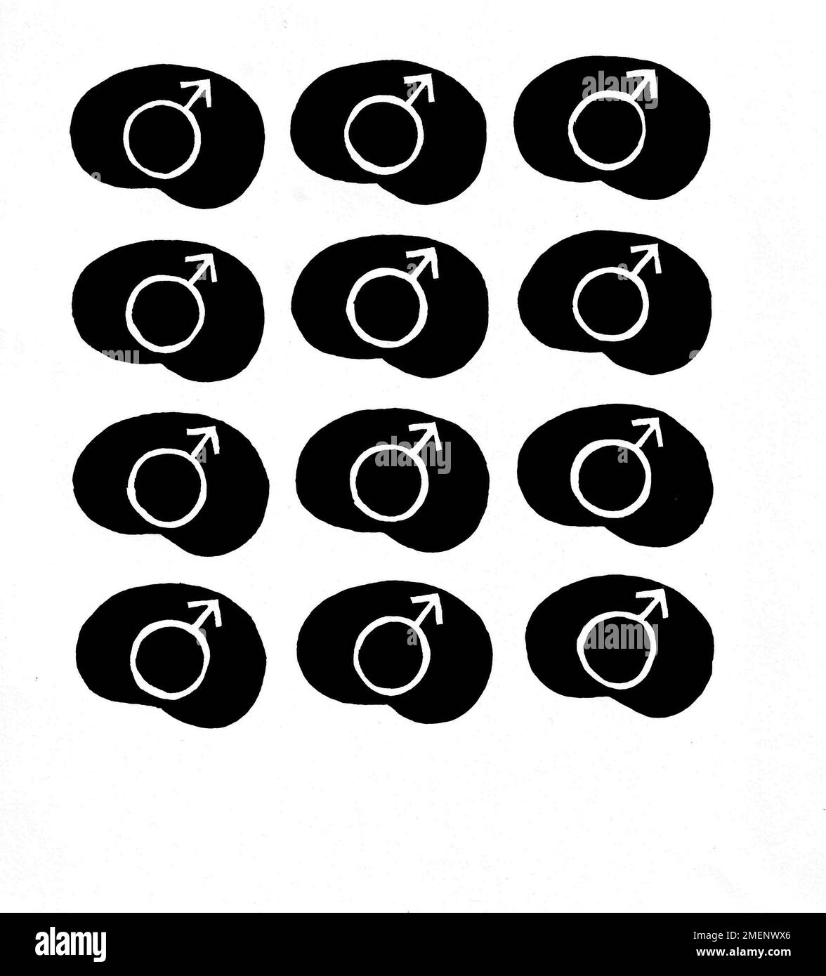 Schwarz-Weiß-Darstellung eines männlichen Symbols, das auf dem Gehirn überlagert ist Stockfoto