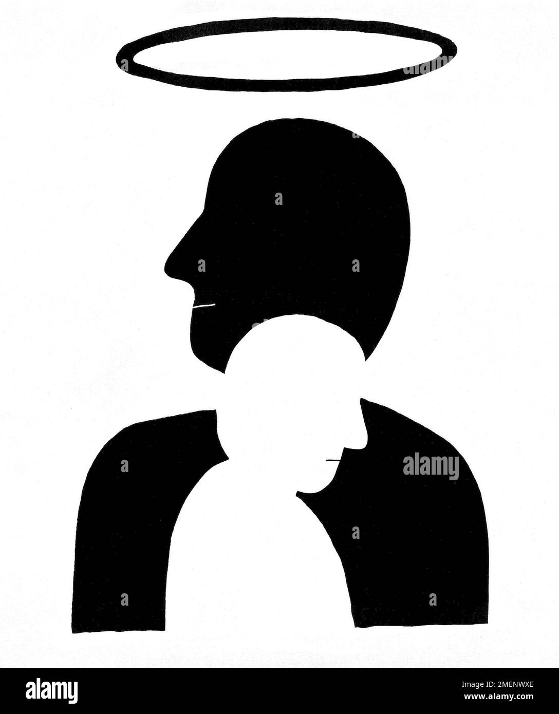 Schwarz-Weiß-Darstellung einer Person mit Heiligenschein über dem Kopf und einer anderen Person, die nach unten schaut Stockfoto