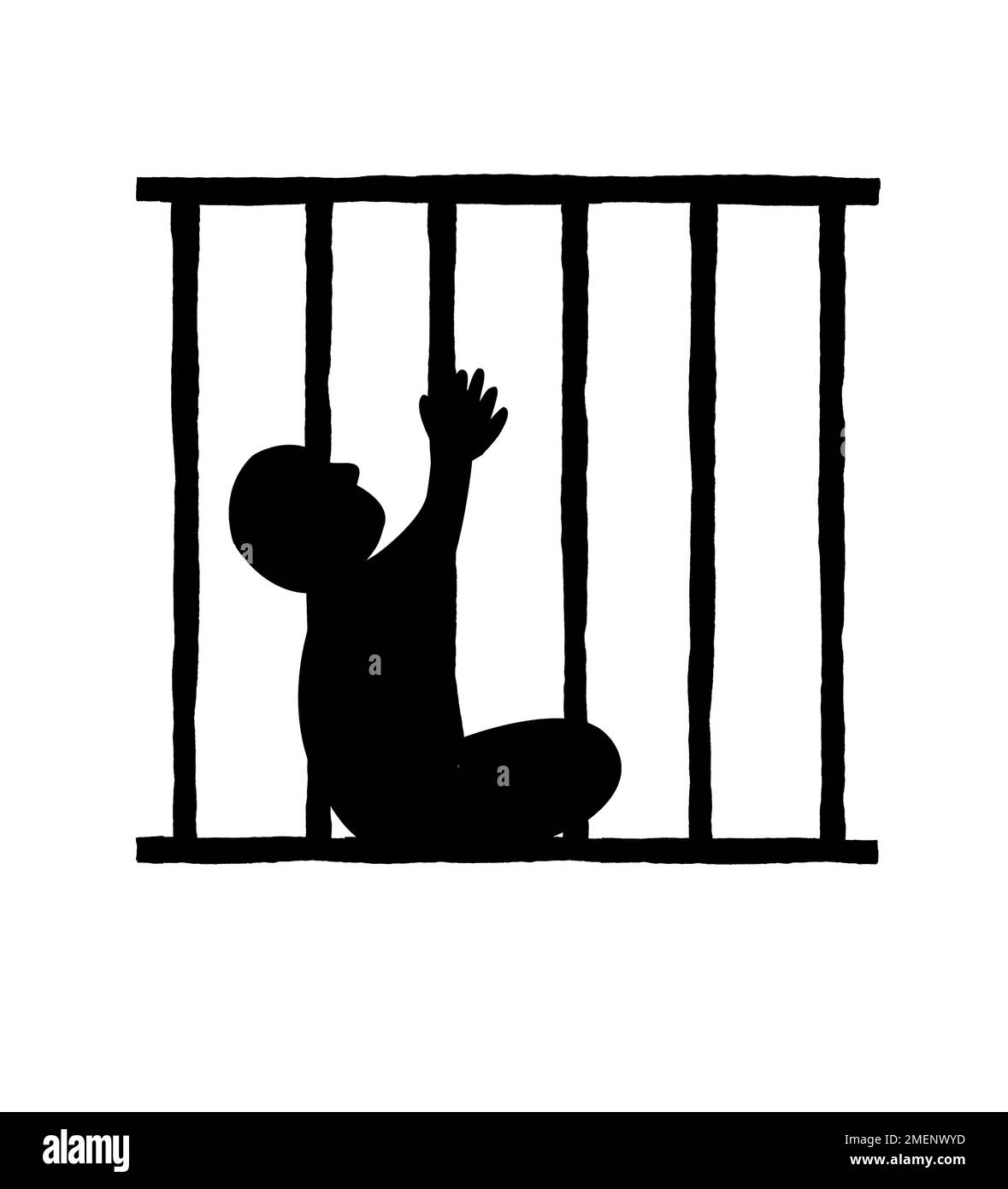 Schwarz-Weiß-Darstellung eines Babys, das sich im Kinderbett die Hände hebt Stockfoto