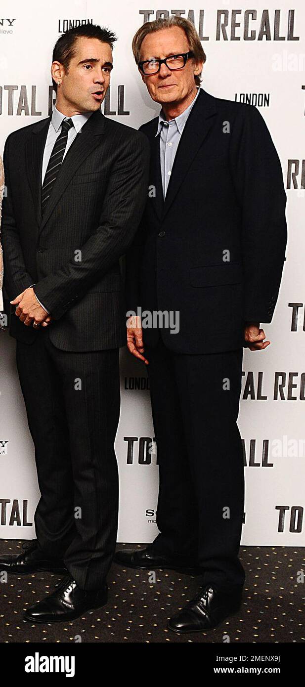 Aktenfoto vom 16. Oktober 08/12 von Colin Farrell und Bill Nighy, die für die britische Premiere von Total Recall im Vue West End, London, ankommen. Colin Farrell und Bill Nighy haben ihre ersten Oscar-Nominierungen für den besten Schauspieler erhalten. Ausgabedatum: Dienstag, 24. Januar 2023. Stockfoto
