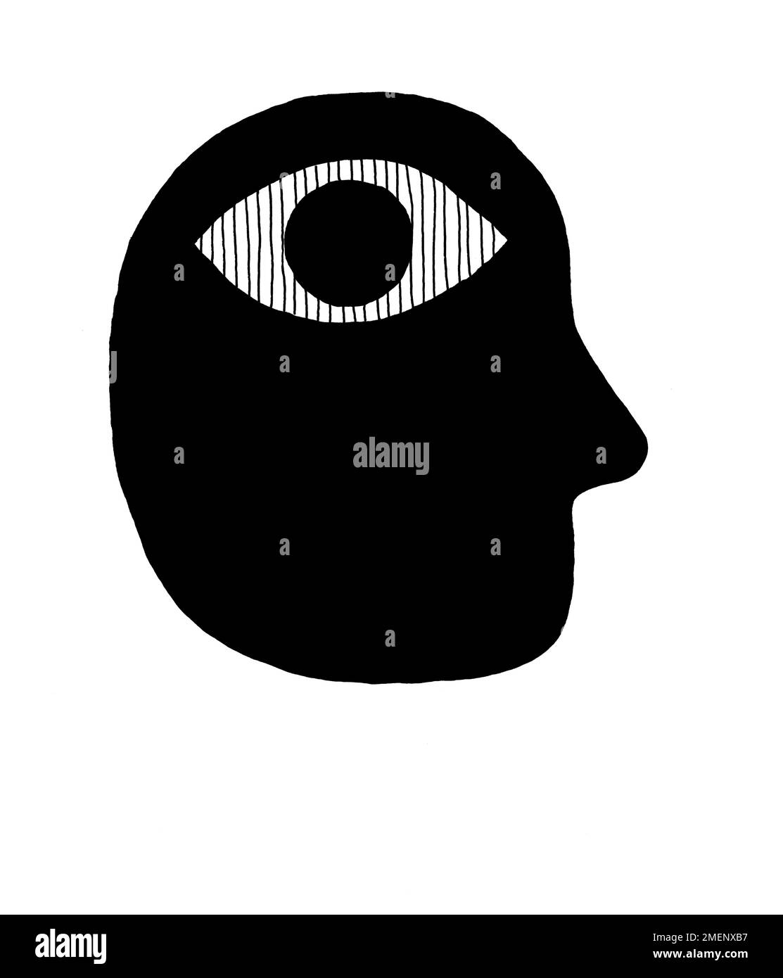 Schwarz-Weiß-Darstellung eines überlagerten Auges auf dem Kopf einer Person Stockfoto