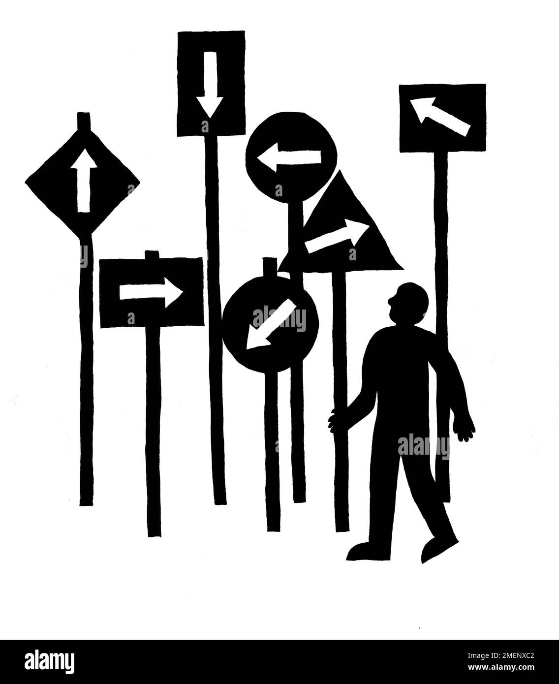 Schwarz-Weiß-Darstellung einer Person, die auf Schilder hinaufschaut, die alle in verschiedene Richtungen zeigen Stockfoto