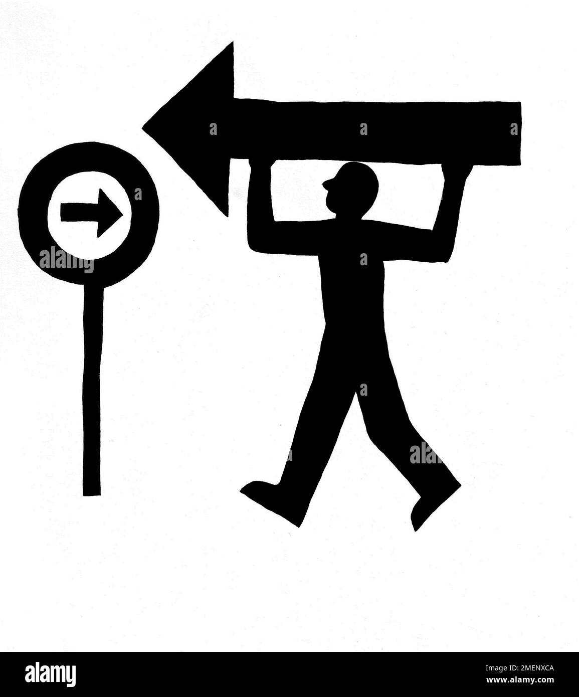 Schwarz-weiße Kunstwerke eines Mannes, der einen großen Pfeil in entgegengesetzter Richtung des Pfeilzeichens trägt. Löwe Festinger, ein Mann mit Überzeugung ist schwer zu ändern Stockfoto