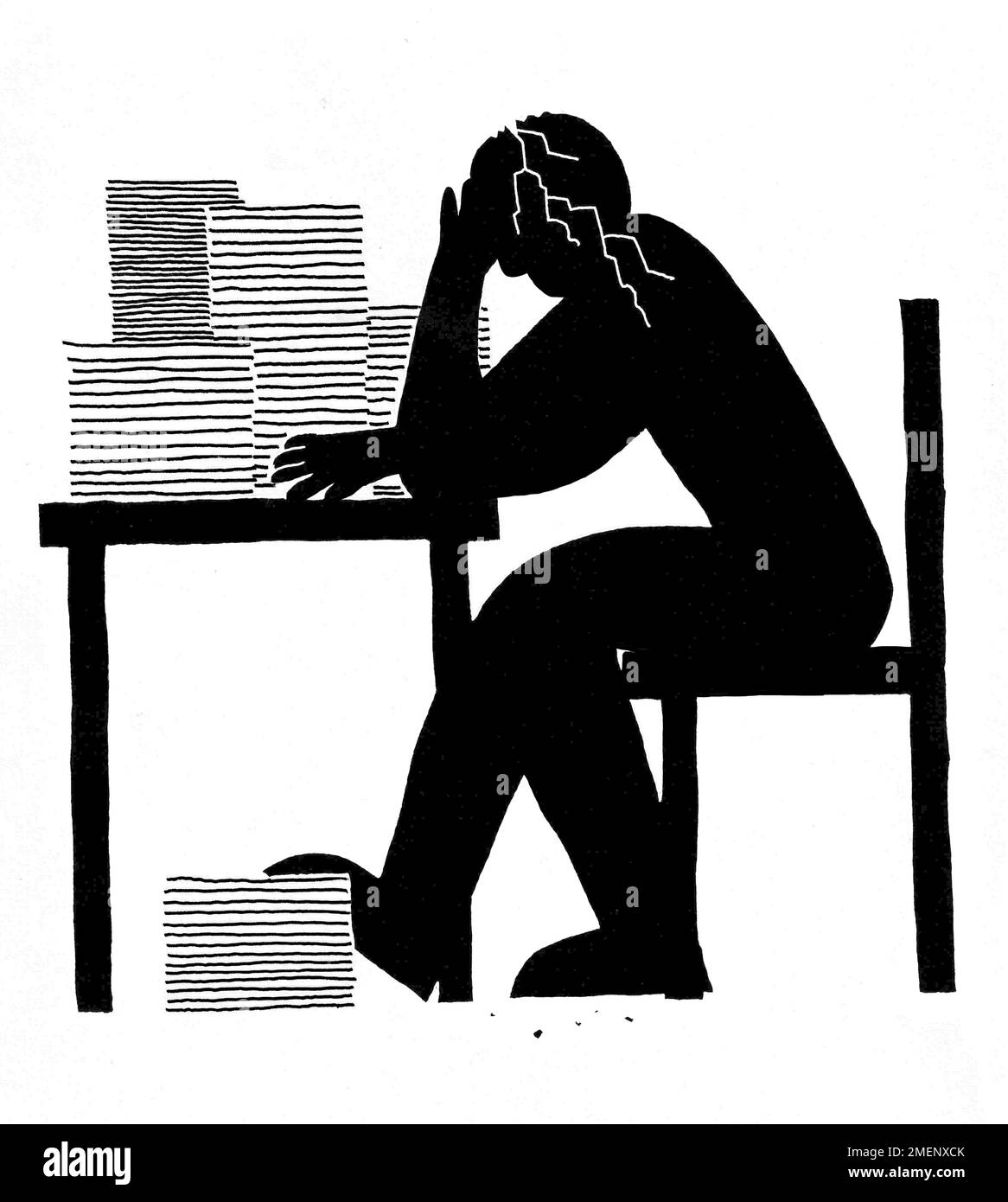 Schwarz-Weiß-Illustration eines Mannes mit Rissen, die ihm durch den Kopf laufen, und einem Haufen Papierkram auf dem Schreibtisch Stockfoto