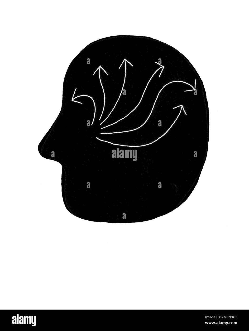 Schwarz-Weiß-Darstellung von Pfeilen, die auf dem Kopf einer Person überlagert sind Stockfoto