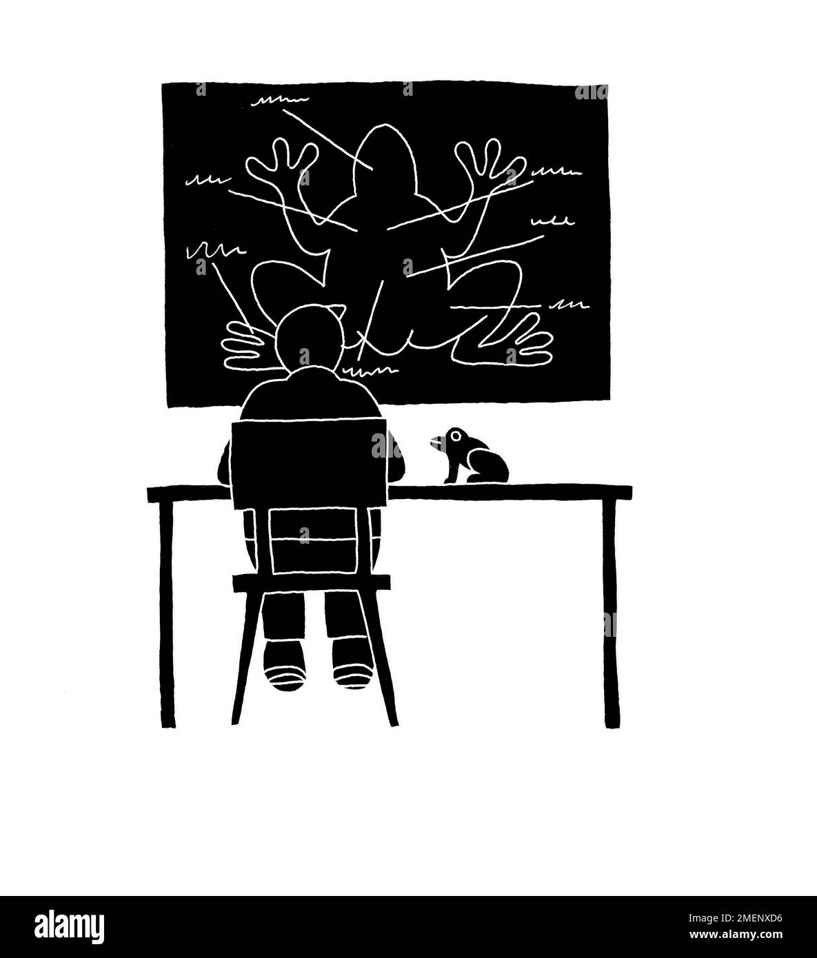 Schwarz-Weiß-Darstellung einer Person am Schreibtisch, die einen Frosch studiert Stockfoto